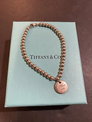 Tiffany & Co Silver I Love You Round Charm Bead Bracelet 7  Retired Rare • $238