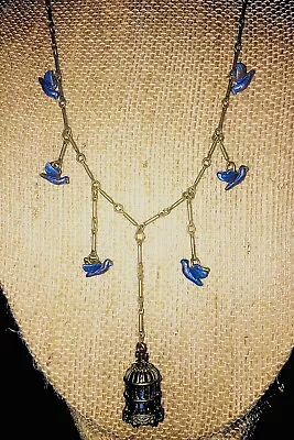 Women’s Birdcage Necklace With Flying Blue Birds Vintage • $19