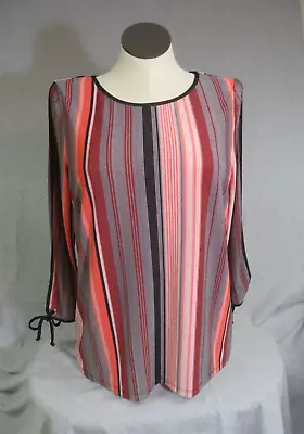 Roz & ALI Womens Large Blouse Tunic Black Coral Vertical Stripes Career • $14.80