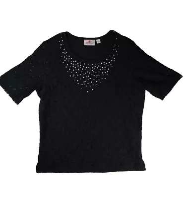 Quaker Factory Top Blouse Shirt Womens Large Black Lace Sequined Short Sleeves • $7.61