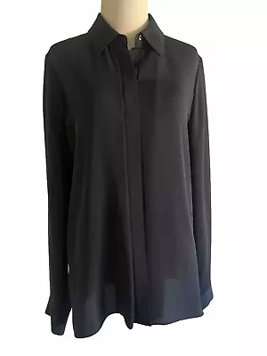 Vince Blouse Women’s Navy Blue Silk Classic Fitted Hidden Button Shirt  10 $365 • $42