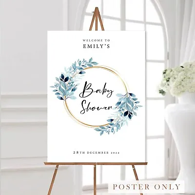 Baby Shower Welcome Party  Sign Personalised Blue Floral Foliage Print A5-A1 • £4.99