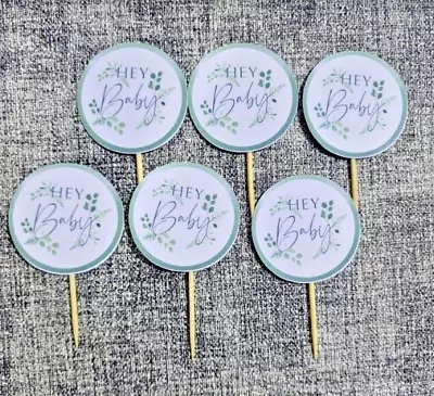 Baby Shower Hey Baby Green Cupcake Toppers X 15 Cake Toppers Decorations Picks • £3.70