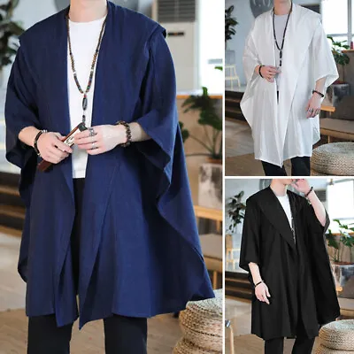 Mens Chinese Vintage Cape Poncho Cloaks Casual Baggy Hooded Coat Cardigan Jacket • $28.49