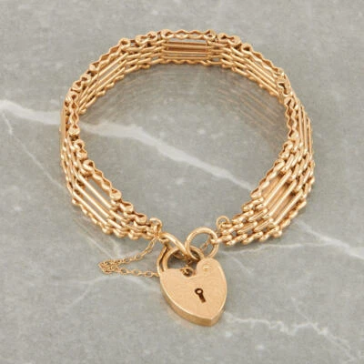 £875 • Buy 5 Bar Gate Bracelet And Heart Padlock - 9ct Gold