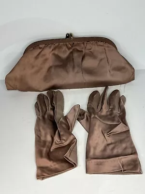 Vintage 40s 50's Tan Brown Satin Clutch Kisslock Purse With Matching Gloves • $18.99