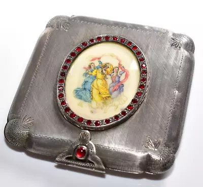 RARE!! 800 SILVER Hand Painted 3 BEAUTIFUL WOMEN *Jeweled* Compact GLASS COVER • $299.99