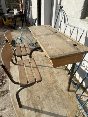 £35 • Buy Vintage Double School Desk Wooden Metal Green Legs