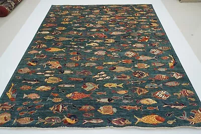 8 X 10 Ft Green Fish Gabbeh Afghan Hand Knotted Wool Tribal Area Rug • $2399