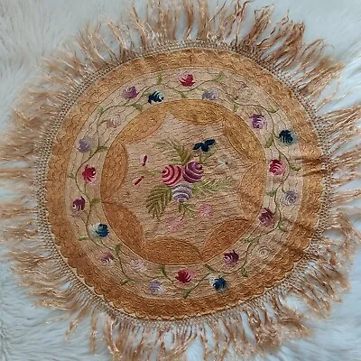 Antique Hungarian Matyo Silk Floral Embroidered Round Roses Cloth Table Topper • $129.98