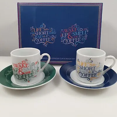 New Boxed Puckator Set Of 2 Espresso Cup & Saucer Porcelain Coffee • £5