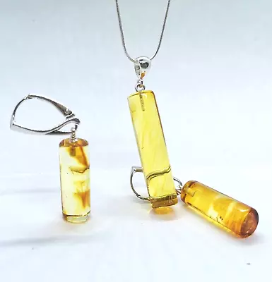 Amber Necklace Pendant Earrings Natural Barrel Shape Sterling SILVER 925 Gift • $94