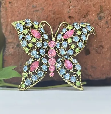 Vintage Pink Blue Green Rhinestone  Butterfly Brooch Glows Under UV! • $10