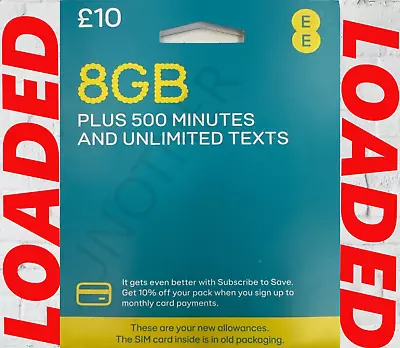 Ee Sim Card Nano Micro Standard  8gb Unlim Sms 500 Mins Ready To Go £10 Credit • £8.99