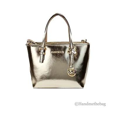 Michael Kors Jet Set Pale Gold Metallic XS Carryall Top Zip Tote Bag Purse • $109