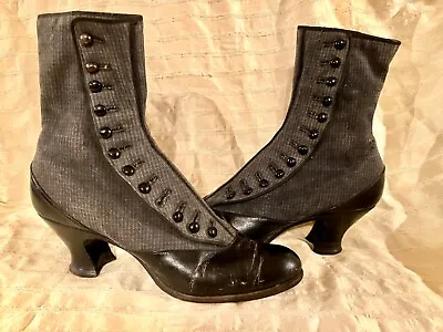$74.99 • Buy Antique Victorian Herringbone Fabric And Patent Leather Button Up Boots~shoes