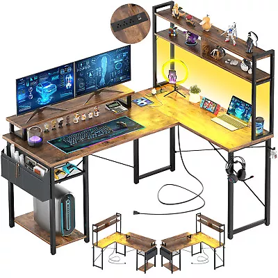 Reversible L Shaped Gaming Desk With LED Lights & Power Outlets Computer Desk US • $129.99