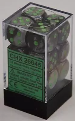 Chessex Dice D6 Sets Gemini Black & Gray W/ Green 16mm Six Sided Die CHX 26645 • $9.78
