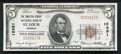 1929 $5 The 12th St. Nb Of St. Louis Mo National Currency Ch. #12491 Gem Unc • $499.95