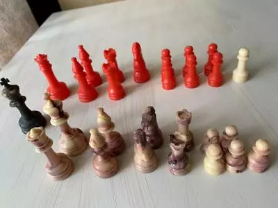 Vintage Plastic Chess Pieces Swirl Cream/Brown? And Red Replacements  - 27 PCS • $0.95