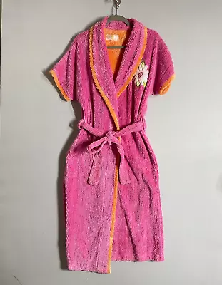 Vintage Stan Herman Chenille Robe Women S Flower Pink Orange Short Sleeve Kitsch • $99.99