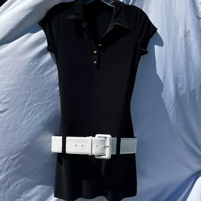 Retro 60s 70s Style GoGo Shift Black Mini Dress W Belt Loops Big 70s Collar S • $59