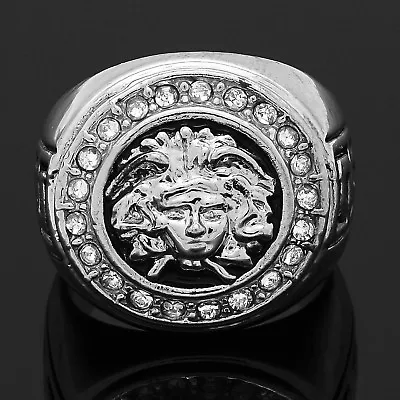 Men's Hip Hop Silver Plated Medusa Face HEAD Cubic-Zirconia Round Big Ring • $12.99