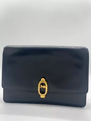 Vintage CELINE Clutch Bag Carriage Logo Leather Black OLD Auth Made In ITALY • $225