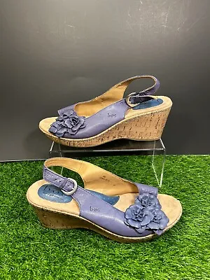 B.O.C Born Sandals Womens 9 M Blue Leather Floral Wedge Slingback Slip On Casual • $18.88