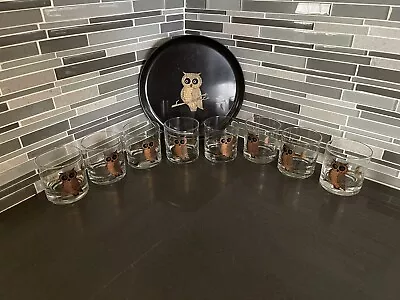 Vintage MCM COUROC Owl Crescent Moon 1960s Bar Cocktail Set 8 Glasses & Tray • $115