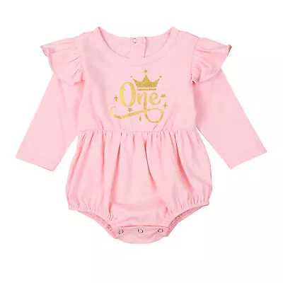 Baby Girl First Birthday Outfit Romper Pink Ruffle Sleeves Cake Smash • $29.95