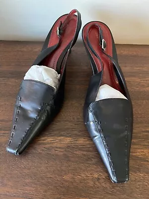 Ann Taylor 9 M Black Leather Heel Slip On Slingback Stitching Classic Red Euc • $26.99