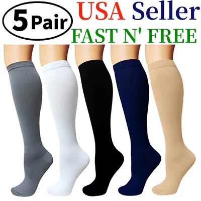 (5 Pairs)15-20mmHg Graduated Compression Support Socks Knee High Men Women S-XXL • $13.39