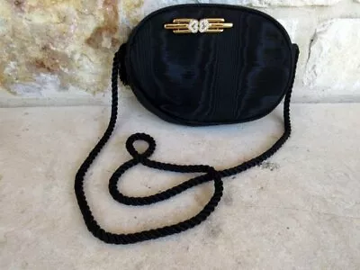 Monet Black Satin Evening Purse Crossbody Handbag Rope Strap Gold Pin • $7.94