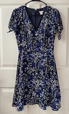 J Crew Womens Size 0 Blue Floral Fit And Flare Faux Wrap Mini Dress • $18.77