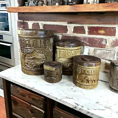 Vintage Carved Wood Canister Set 4 Pieces Nesting With Lids Made In Philippines • $19