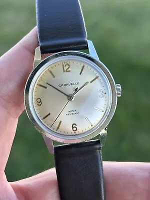 RUNS GREAT! Vintage 1978 N8 CARAVELLE Bulova Manual Wind Cream Explorer Dial • $89.95