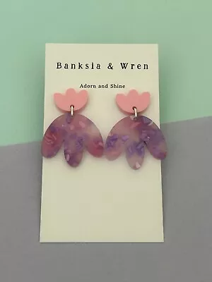 Purple Flower Dangle Earrings - Laser-Cut Acrylic Stainless Steel Butterfly • $22