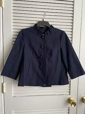 J. Crew Women's Size 0 Navy Blue Ruffle Cotton Blazer Jacket 3/4 Sleeves • $18