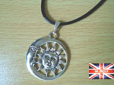 £2.98 • Buy SUN MOON Pendant  Antique Silver Colour Black Cord Necklace UK
