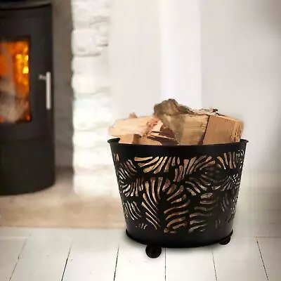 Round Black Metal Log Basket Firewood Store Kindling Holder Wood Storage Iron • £23.99