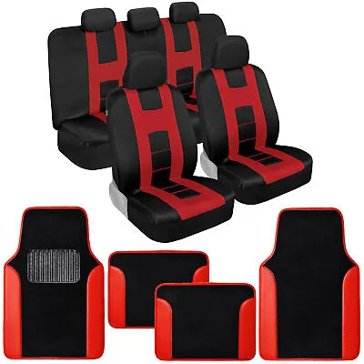 BDK Full Set Black Red Car Seat Covers W/ Black Red Carpet Car Floor Mats Combo • $49.95