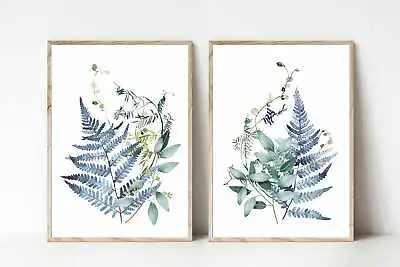 Set Of 2 Blue Fern Floral Watercolor Wall Art Print. Great Hampton Style Decor • $104.50