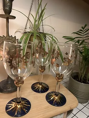 Vintage Sun Moon Star Gold/Blue Wine Glass Set Of 3 90s Hand Painted Italy • £60