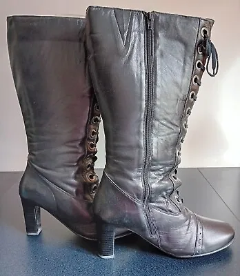 Viva La Diva Fab Black Soft Leather Lace Up/Full Zip Boots Knee High Size 9 EEE • £7