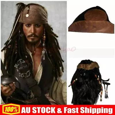 Pirates Of The Caribbean Jack Sparrow Tri Corner Buccaneer Hat Wig Beard Cosplay • $19.99