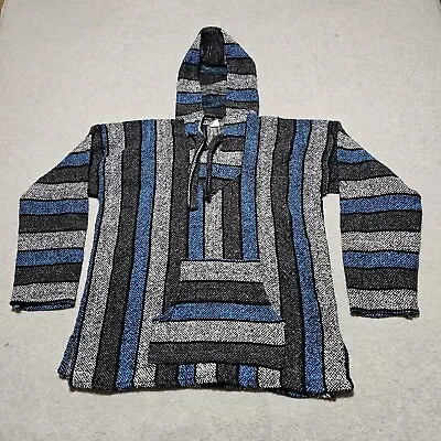 Artesanias Mexican Hoodie Poncho Mens XL Blue Grey Striped Baja Surfer Skater • $17.89