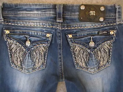 Miss Me Jeans Womens 28 Blue Denim Straight Rhinestones Studs Low Rise 29x29 • $29.70