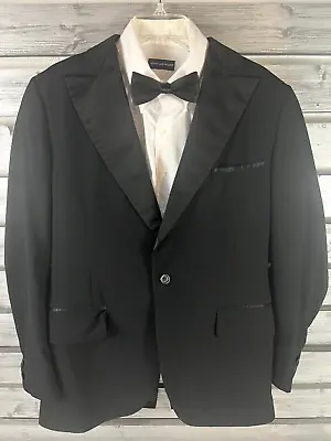 VINTAGE 70s Palm Beach Black Tuxedo Blazer Jacket Mens 39L 100% Wool W/Bow Tie • $33.49