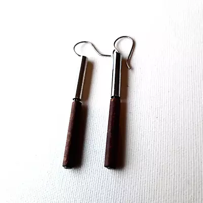 Aarikka VTG Finland Dangling Earrings Brown Color Wood And Silver Toned Metal • $24